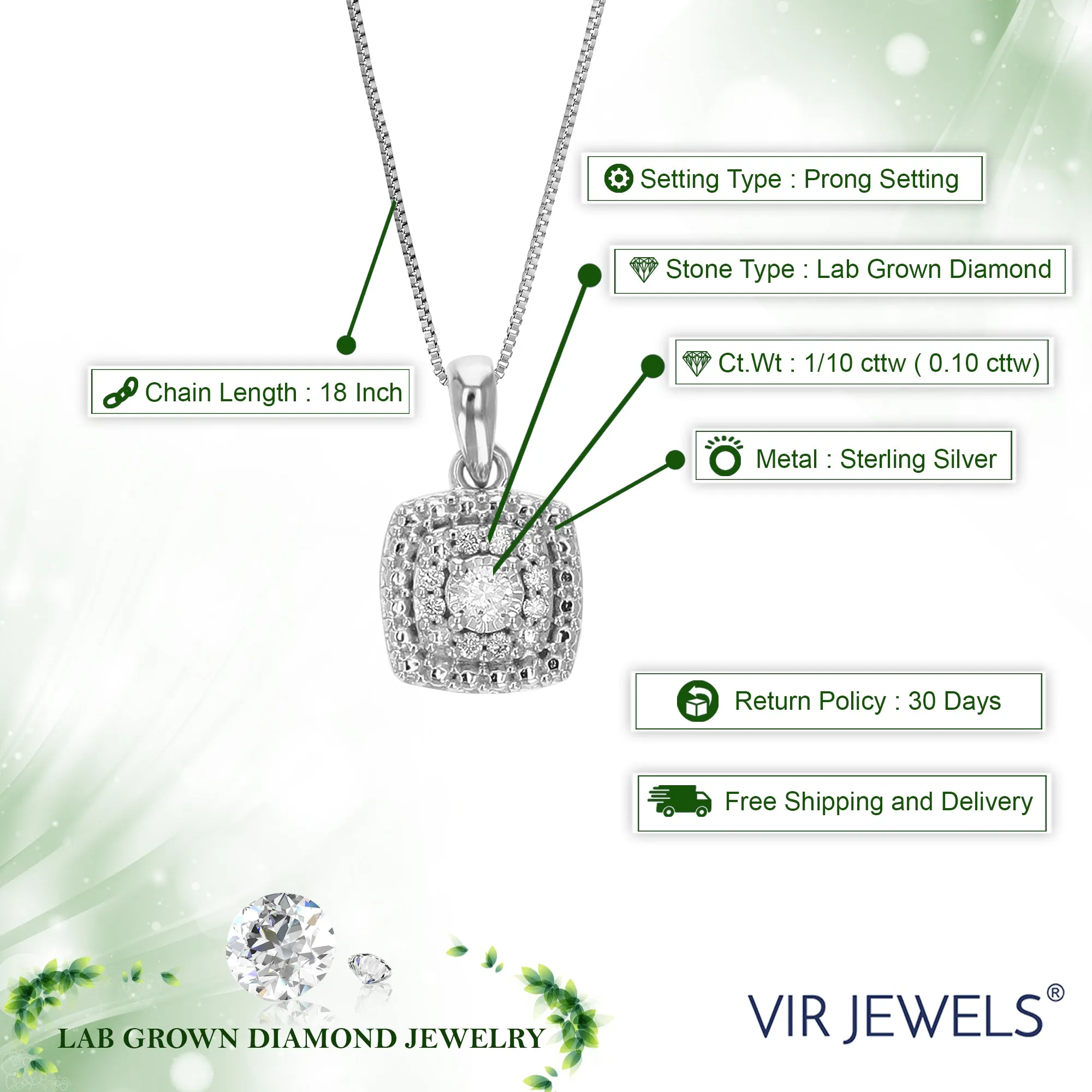 1/10 cttw Lab Grown Diamond Square Pendant Necklace .925 Sterling Silver 1 Inch with 18 Inch Chain