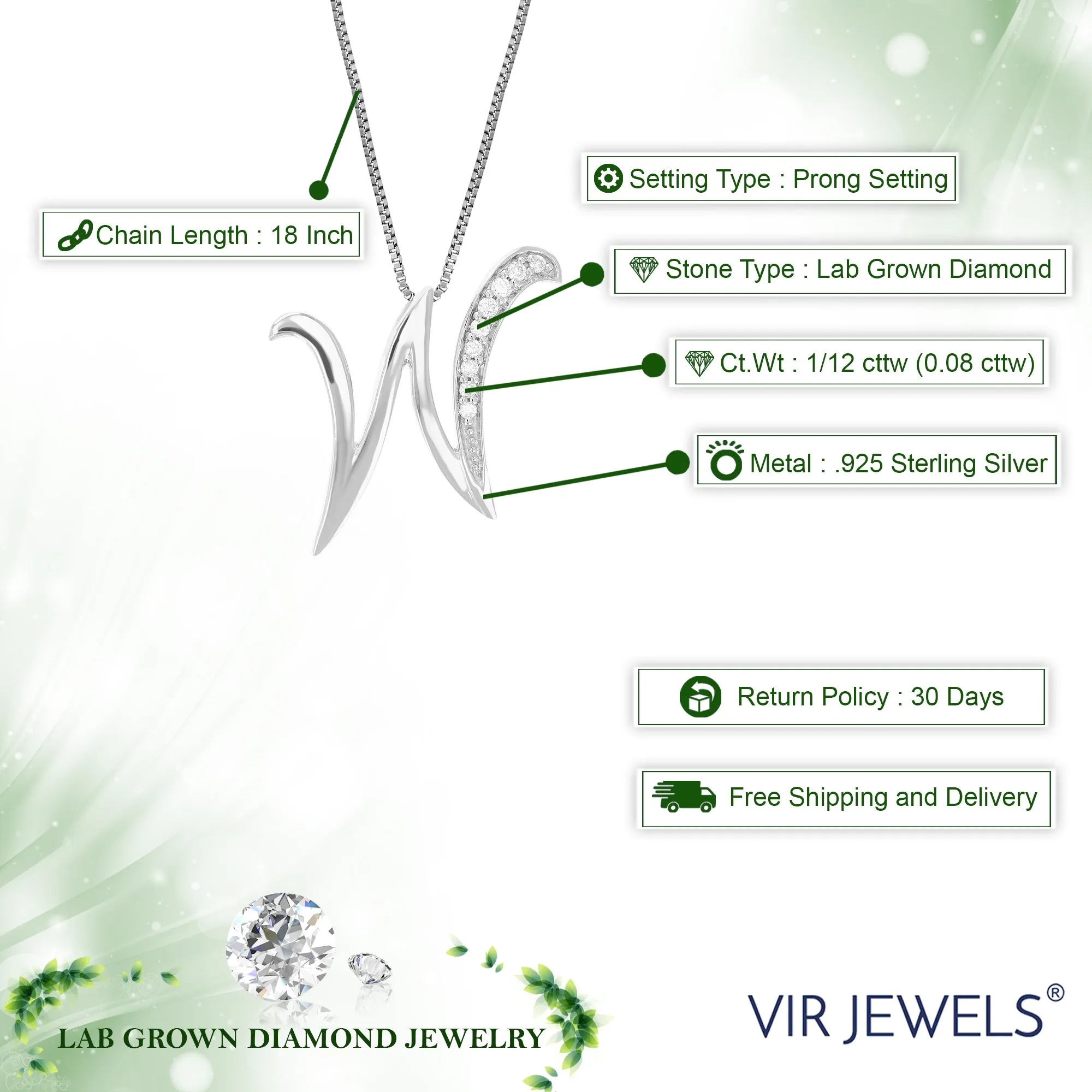 1/12 cttw Round Cut 9 Stones Lab Grown Diamond Pendant Necklace .925 Sterling Silver 2/5 Inch With 18 Inch Chain