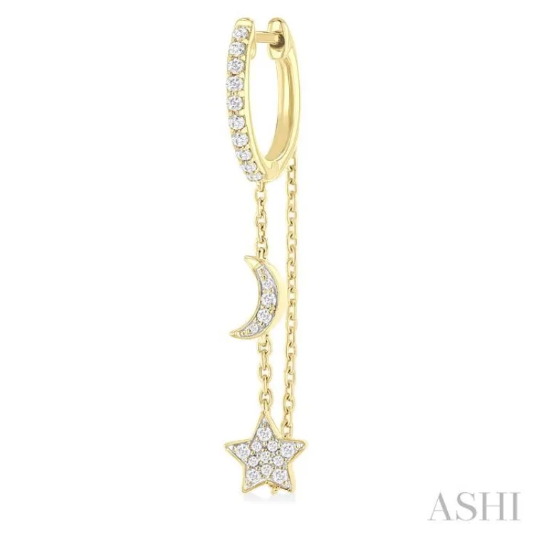 1/3 Ctw Crescent Moon & Star Round Cut Diamond Chain Dangler Hoop Earring in 10K Yellow Gold