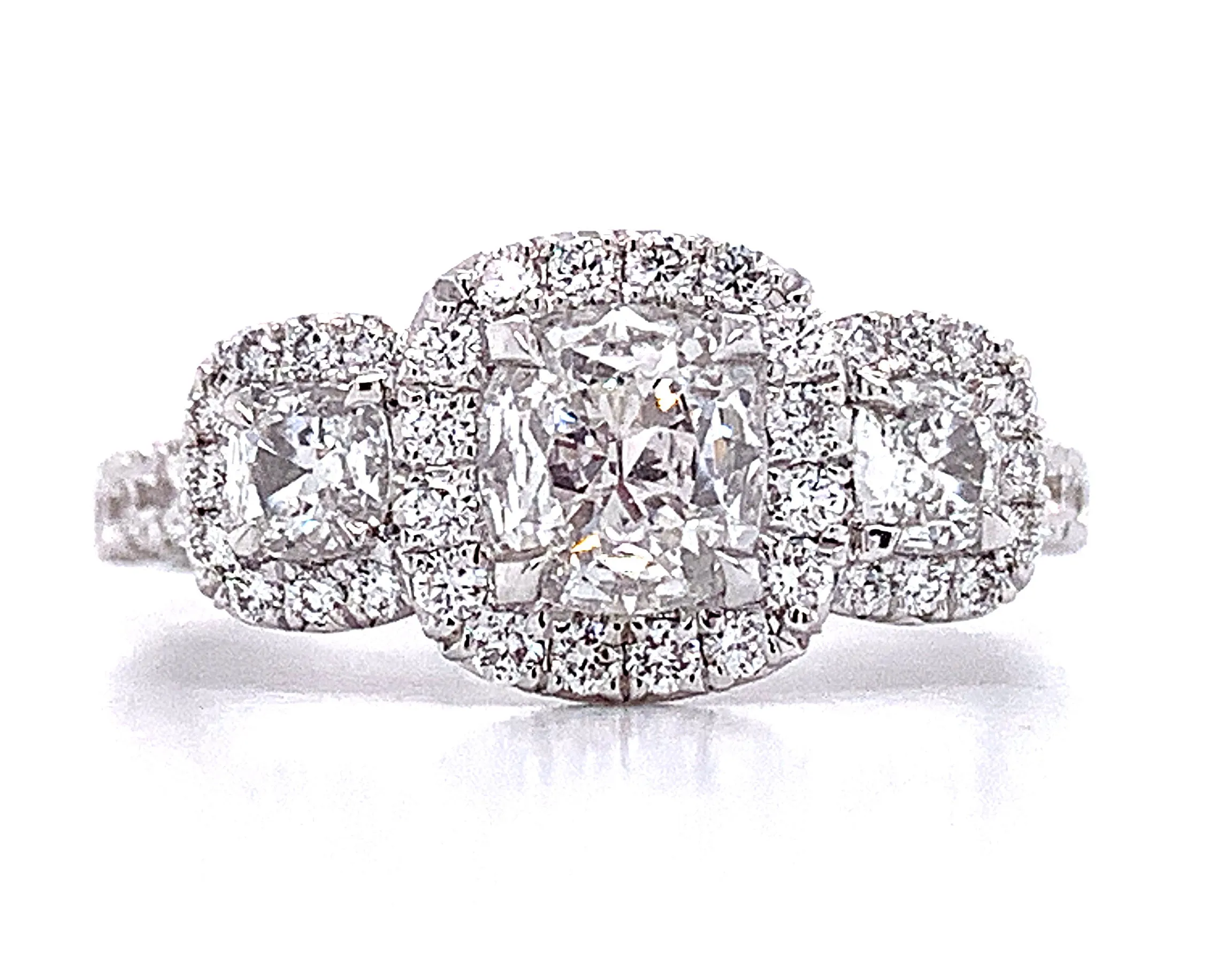 1.37ct tw Henri Daussi Designer Cushion Cut Three Stone Dimond Engagement Ring