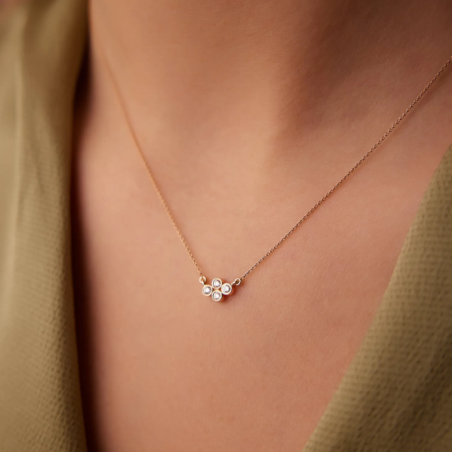 14K Gold Four Stone Diamond Cluster Necklace