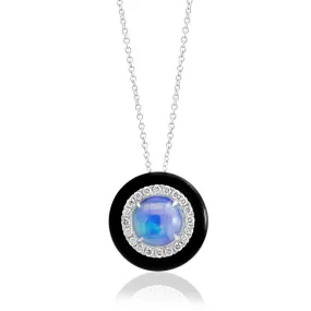 14K White Gold 1.24ctw Opal, Diamond, & Black Enamel Necklace