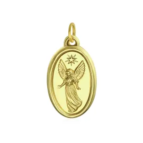14K Yellow Gold Guardian Angel Oval Medal Pendant Necklace (No Chain)