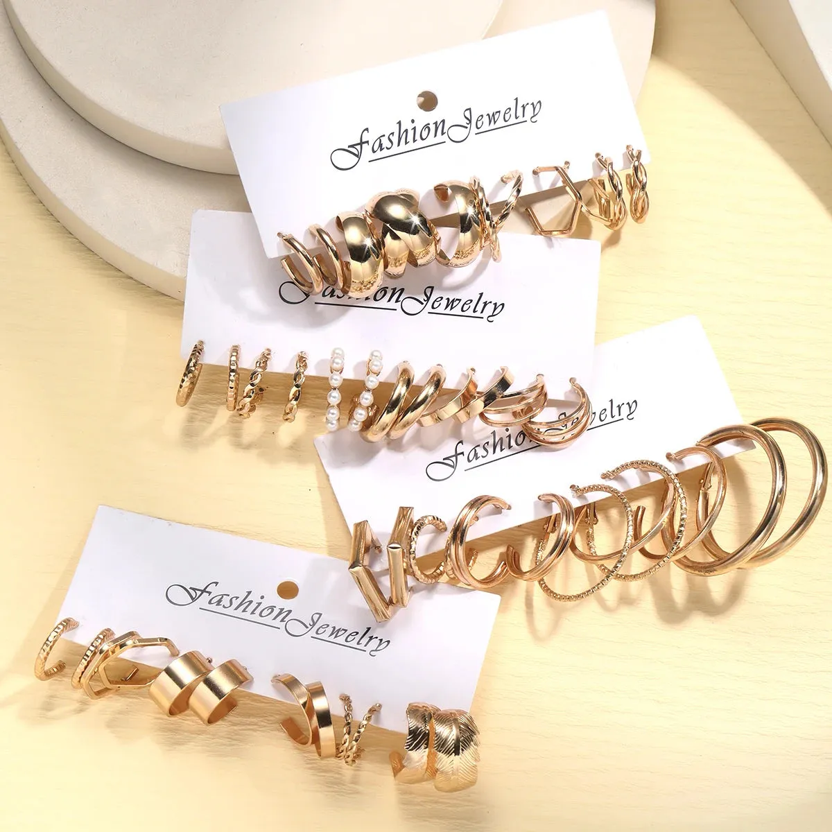 48 Pcs/Set Of Fashionable And Elegant Retro Golden Geometric Wide Gloss Metal Style Earrings Set