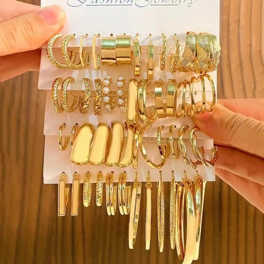48 Pcs/Set Of Fashionable And Elegant Retro Golden Geometric Wide Gloss Metal Style Earrings Set