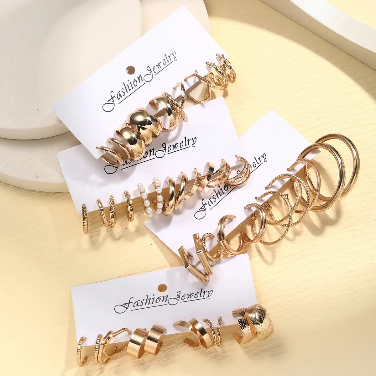 48 Pcs/Set Of Fashionable And Elegant Retro Golden Geometric Wide Gloss Metal Style Earrings Set