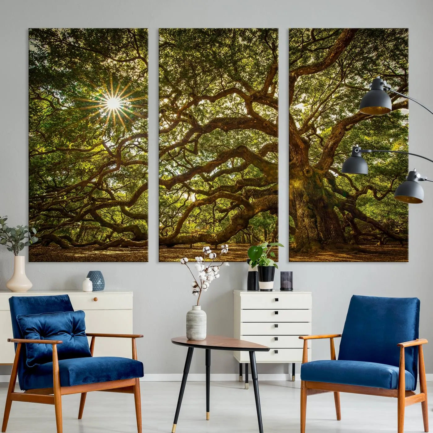 Ancient Angel Oak Tree Art Sunburst Canvas Print- Nature-Inspired Triptych Canvas Print, Framed, Ready to Hang