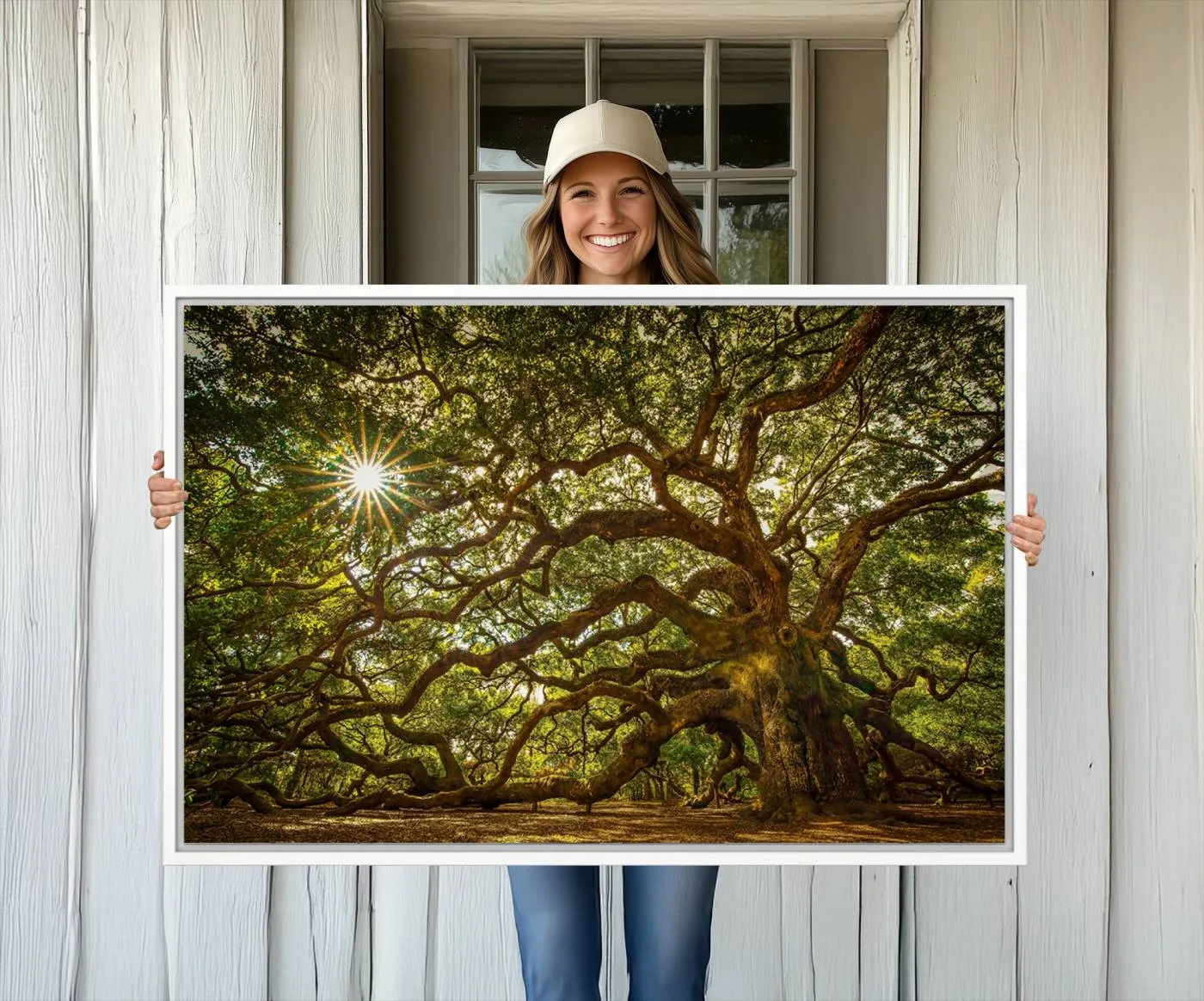 Ancient Angel Oak Tree Art Sunburst Canvas Print- Nature-Inspired Triptych Canvas Print, Framed, Ready to Hang