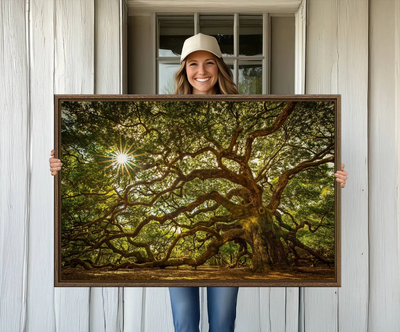 Ancient Angel Oak Tree Art Sunburst Canvas Print- Nature-Inspired Triptych Canvas Print, Framed, Ready to Hang