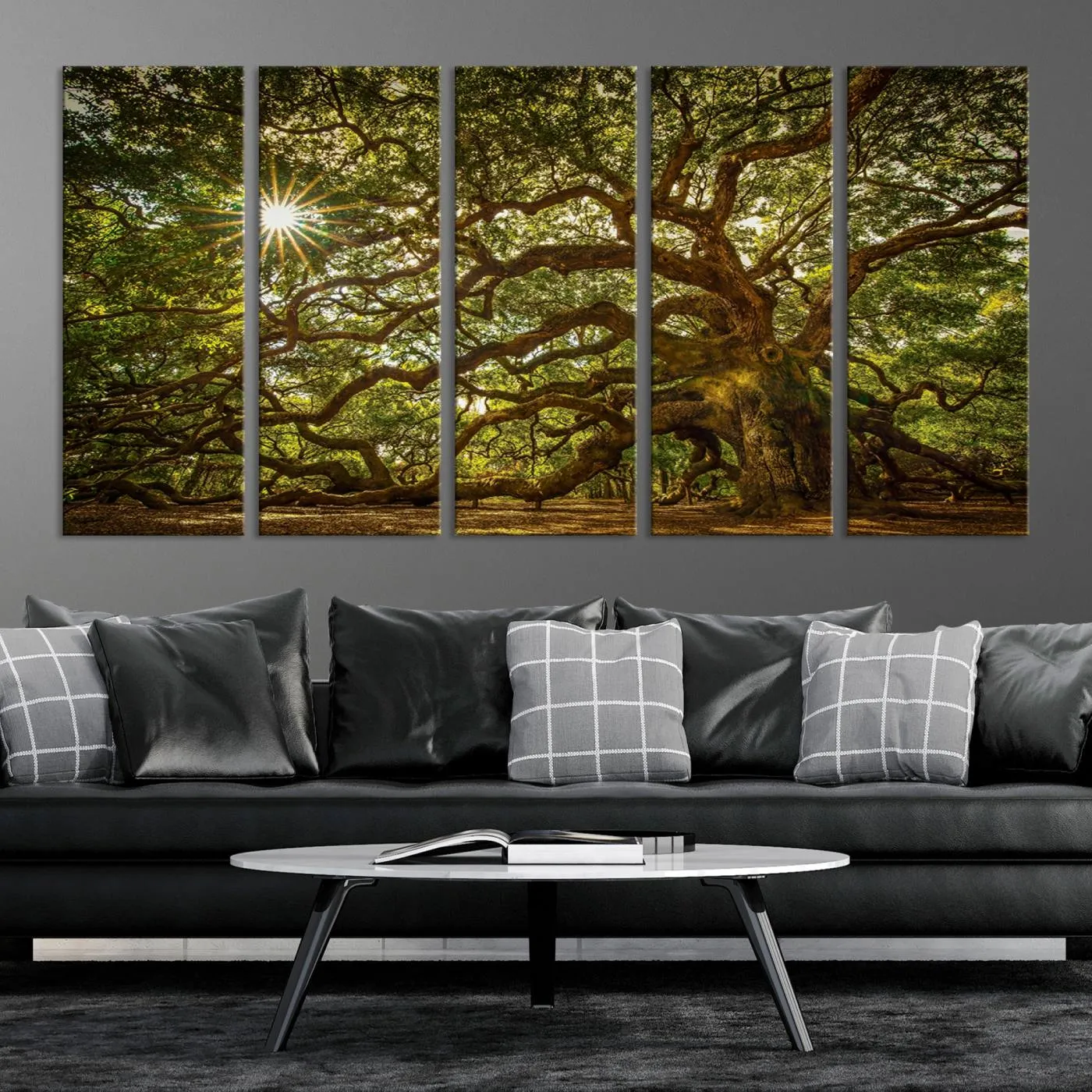 Ancient Angel Oak Tree Art Sunburst Canvas Print- Nature-Inspired Triptych Canvas Print, Framed, Ready to Hang