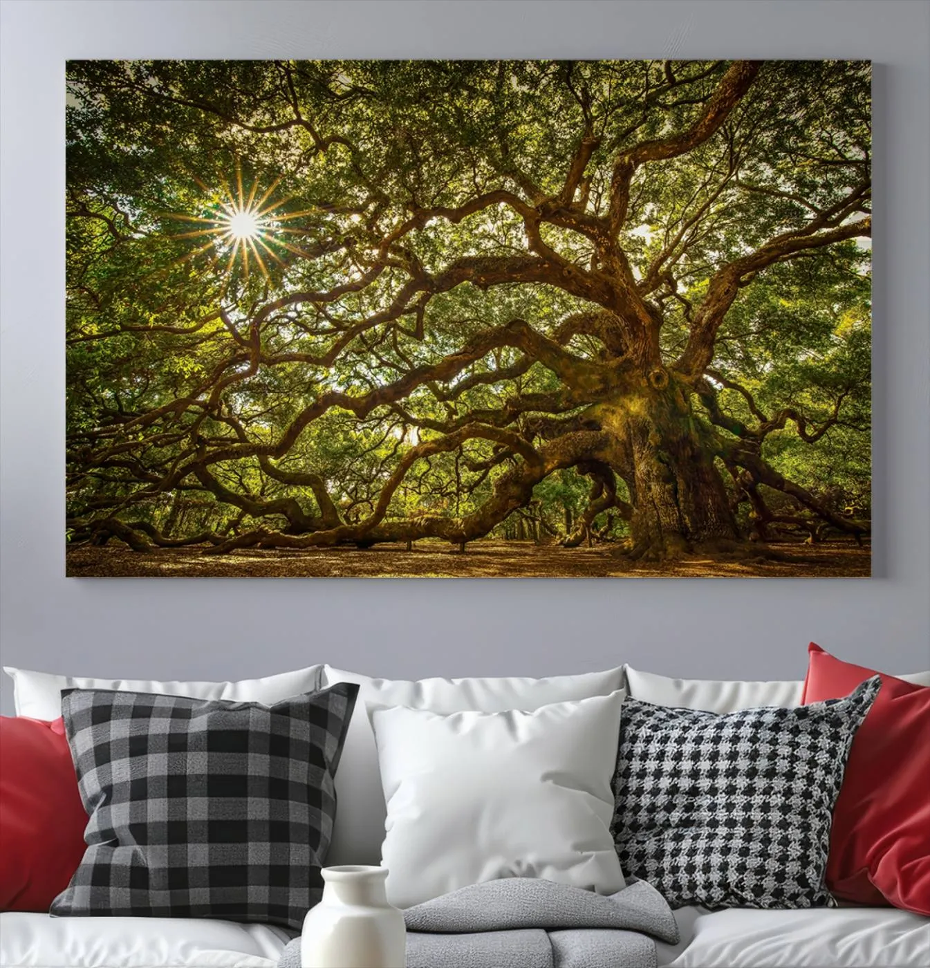 Ancient Angel Oak Tree Art Sunburst Canvas Print- Nature-Inspired Triptych Canvas Print, Framed, Ready to Hang