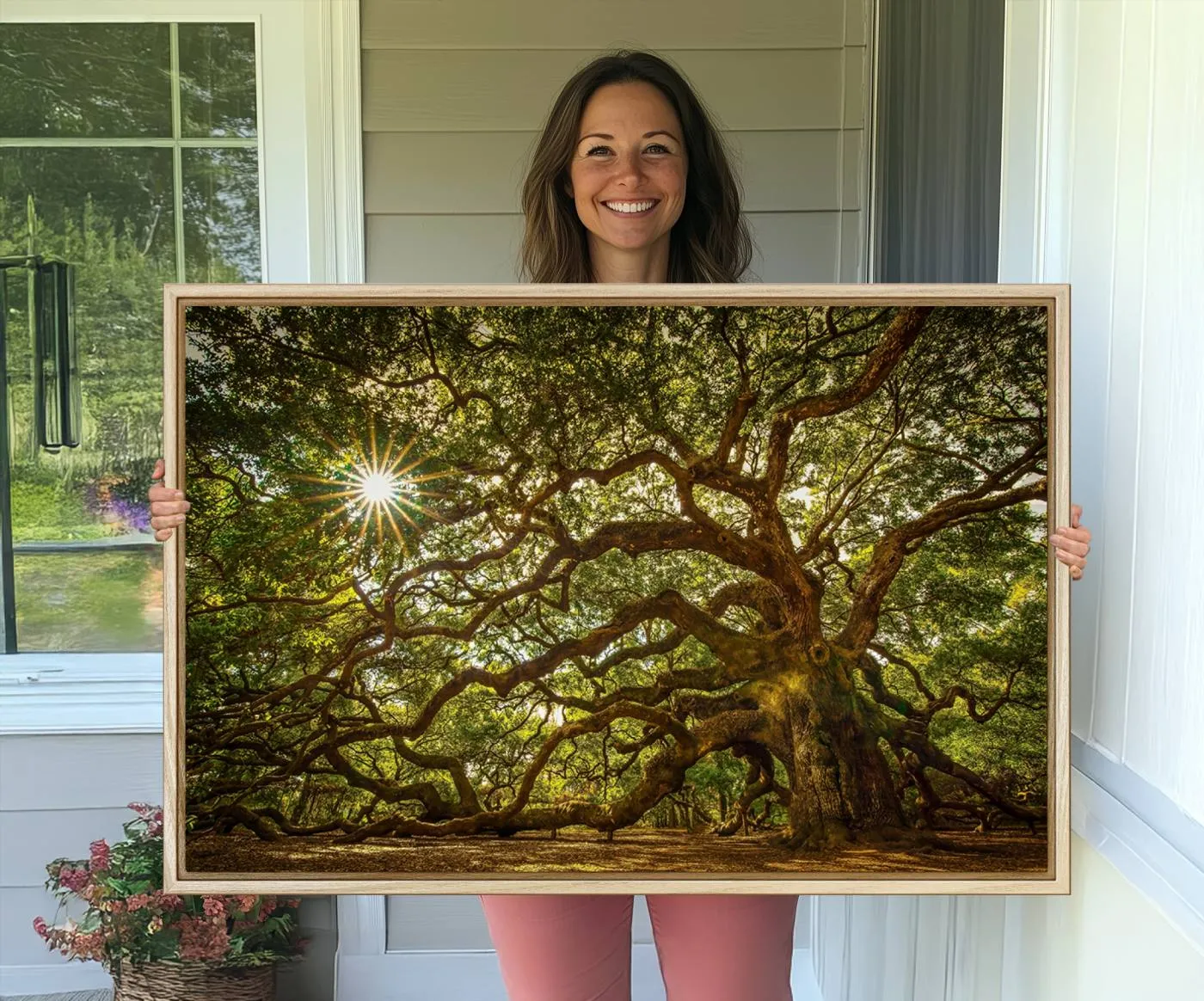Ancient Angel Oak Tree Art Sunburst Canvas Print- Nature-Inspired Triptych Canvas Print, Framed, Ready to Hang