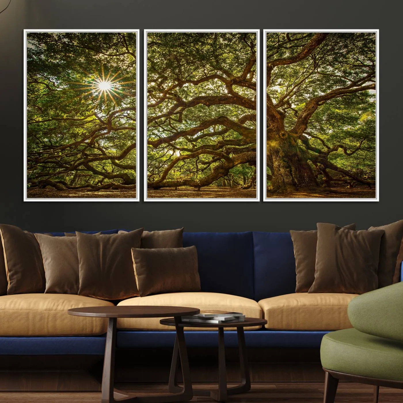 Ancient Angel Oak Tree Art Sunburst Canvas Print- Nature-Inspired Triptych Canvas Print, Framed, Ready to Hang