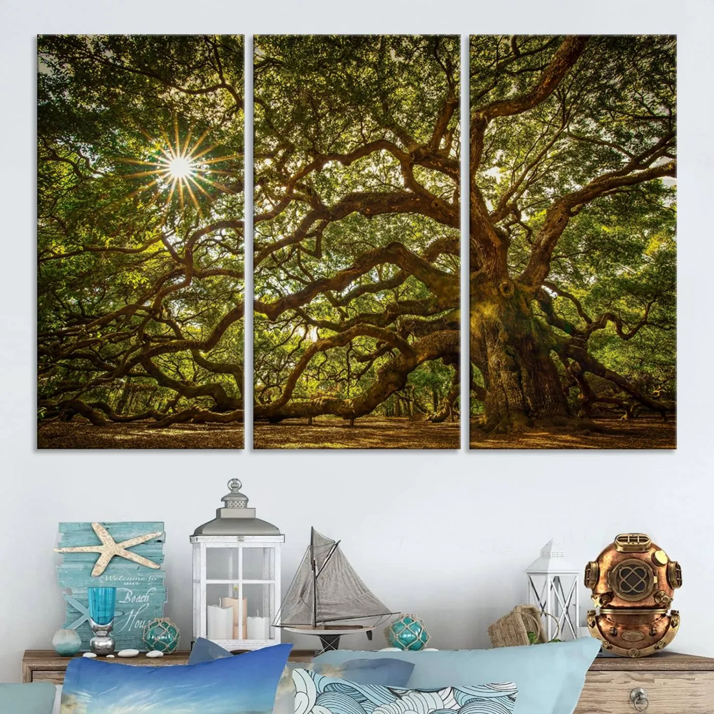 Ancient Angel Oak Tree Art Sunburst Canvas Print- Nature-Inspired Triptych Canvas Print, Framed, Ready to Hang