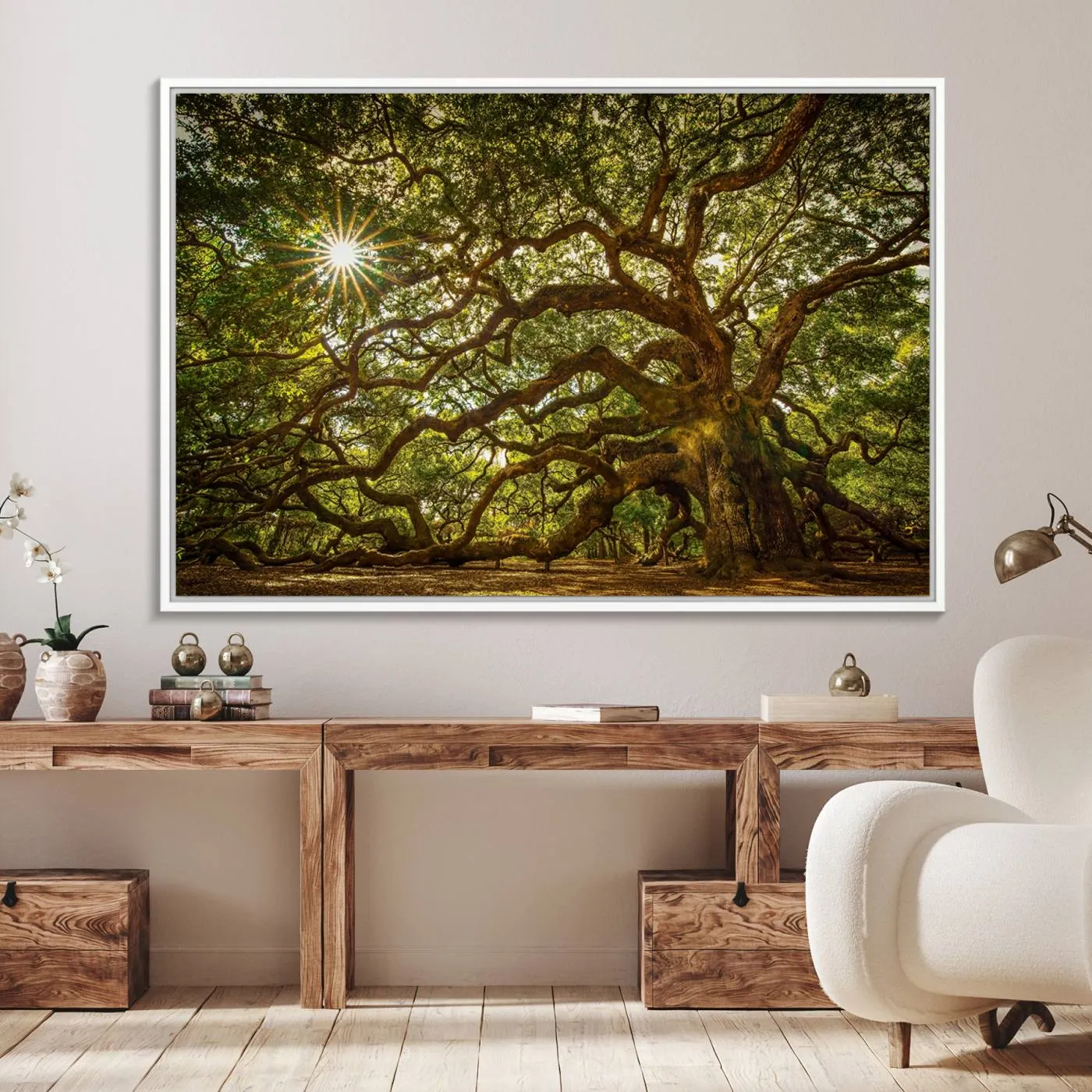 Ancient Angel Oak Tree Art Sunburst Canvas Print- Nature-Inspired Triptych Canvas Print, Framed, Ready to Hang