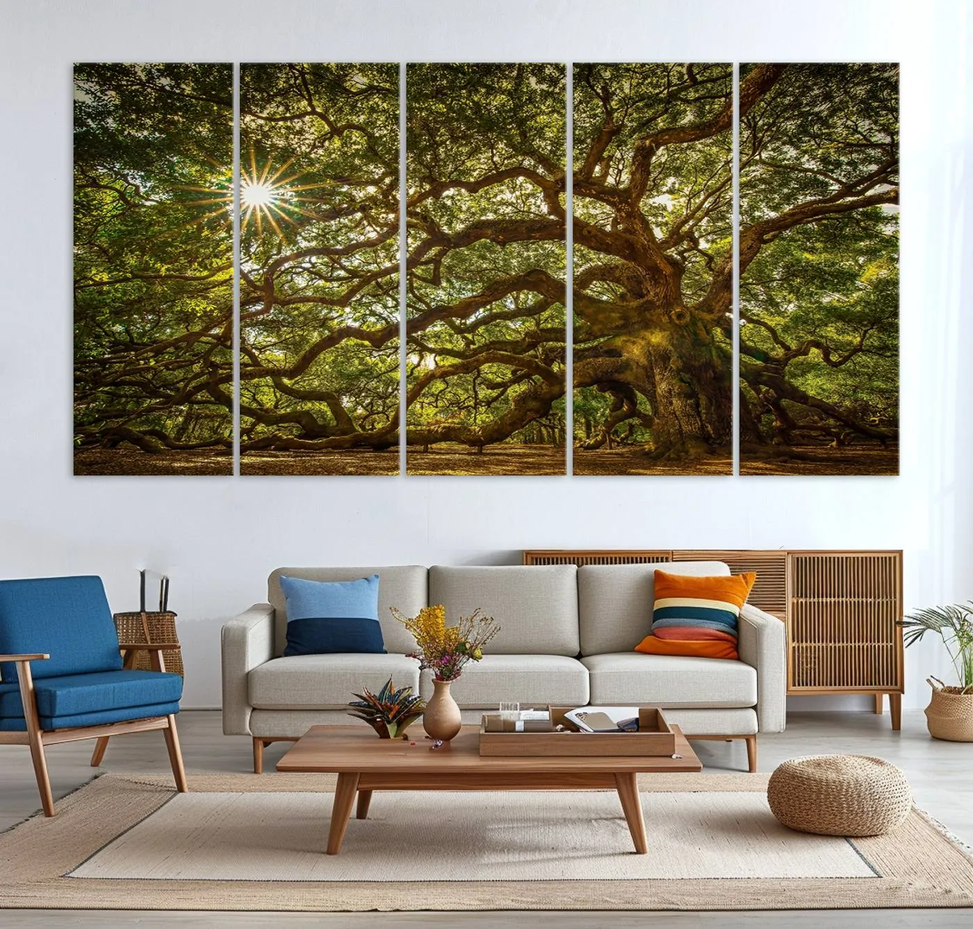 Ancient Angel Oak Tree Art Sunburst Canvas Print- Nature-Inspired Triptych Canvas Print, Framed, Ready to Hang