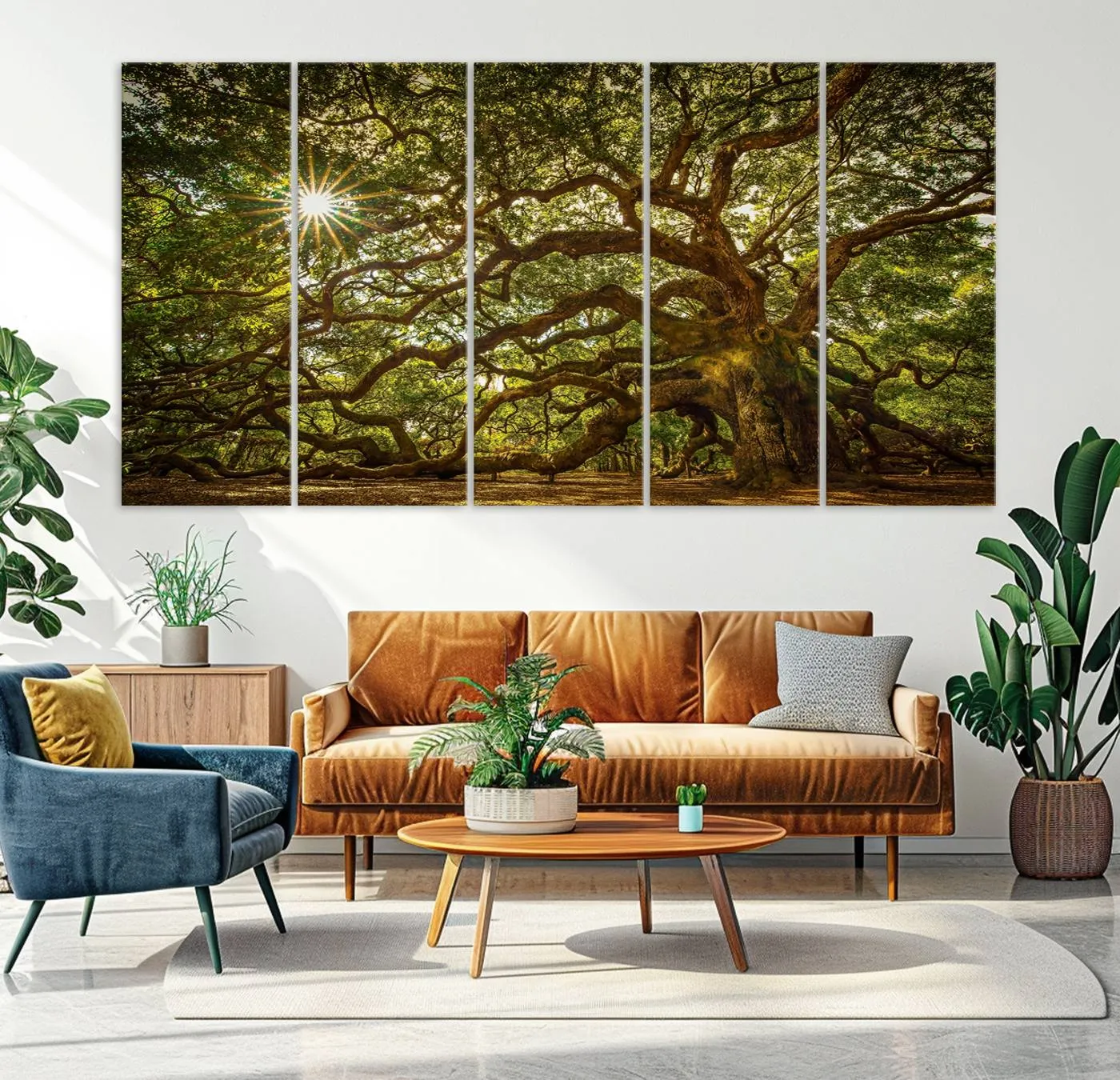 Ancient Angel Oak Tree Art Sunburst Canvas Print- Nature-Inspired Triptych Canvas Print, Framed, Ready to Hang