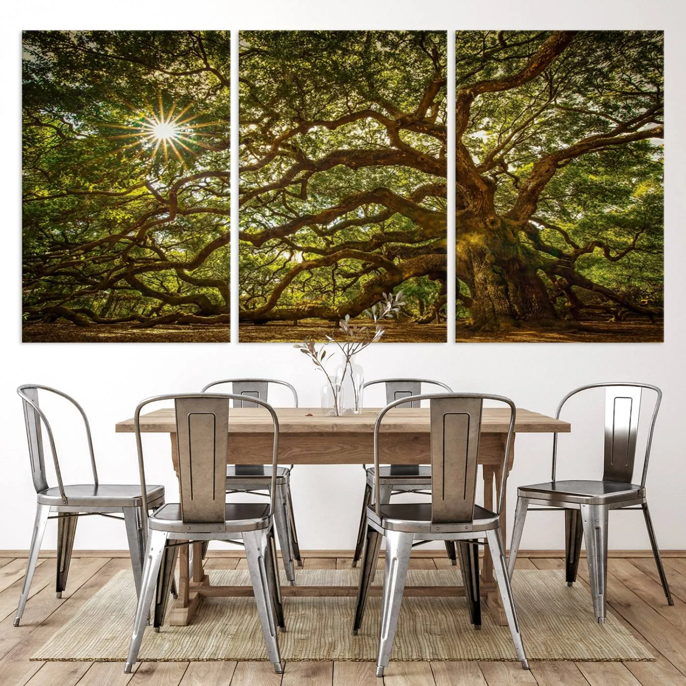 Ancient Angel Oak Tree Art Sunburst Canvas Print- Nature-Inspired Triptych Canvas Print, Framed, Ready to Hang