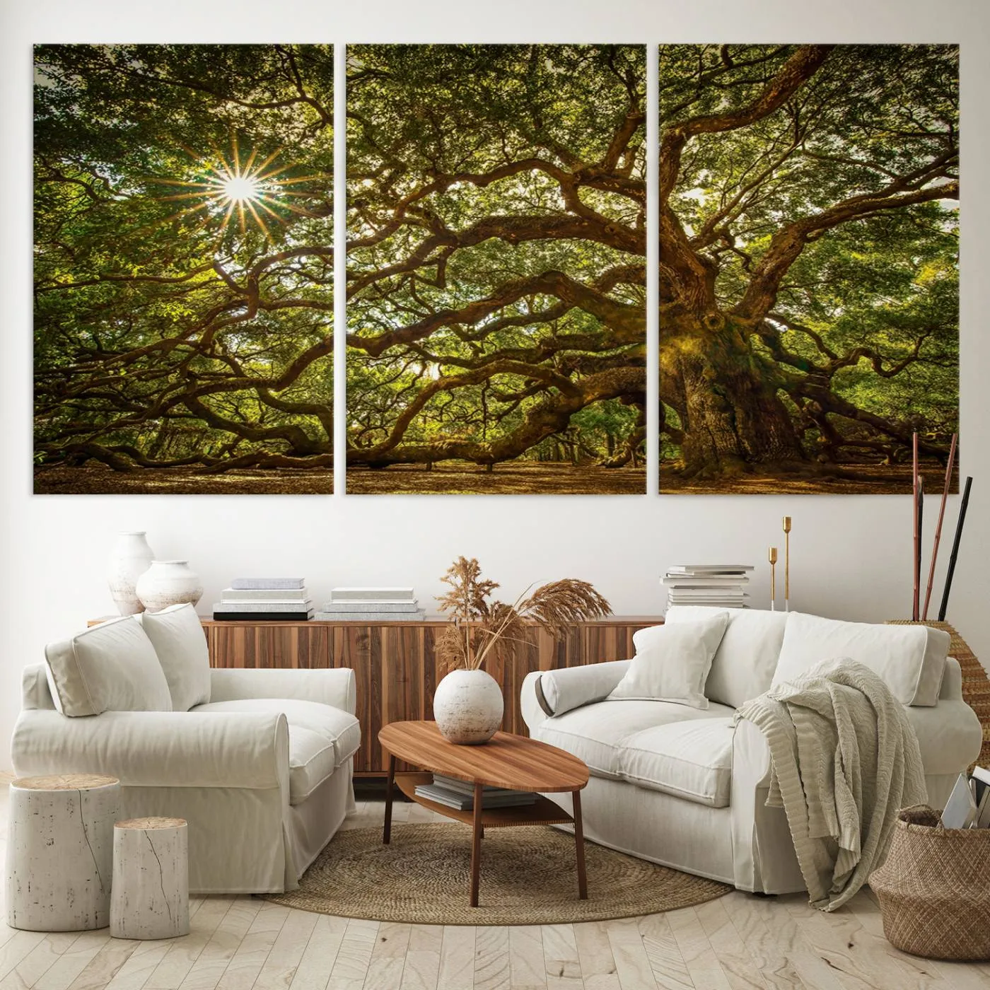 Ancient Angel Oak Tree Art Sunburst Canvas Print- Nature-Inspired Triptych Canvas Print, Framed, Ready to Hang