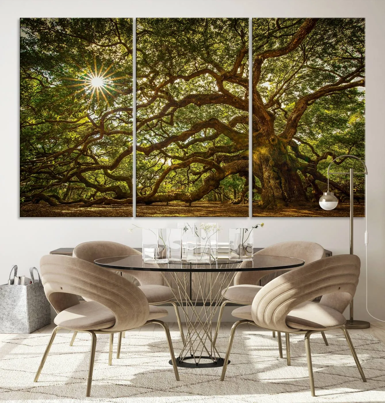 Ancient Angel Oak Tree Art Sunburst Canvas Print- Nature-Inspired Triptych Canvas Print, Framed, Ready to Hang