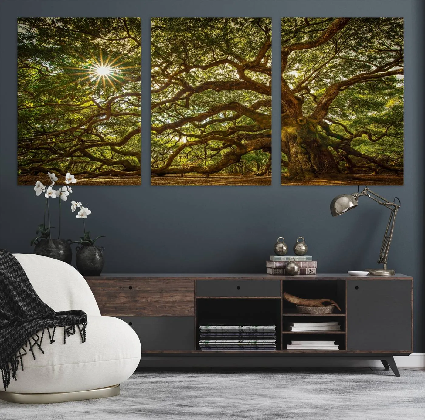 Ancient Angel Oak Tree Art Sunburst Canvas Print- Nature-Inspired Triptych Canvas Print, Framed, Ready to Hang