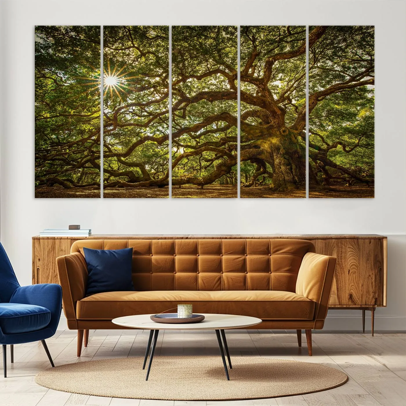 Ancient Angel Oak Tree Art Sunburst Canvas Print- Nature-Inspired Triptych Canvas Print, Framed, Ready to Hang