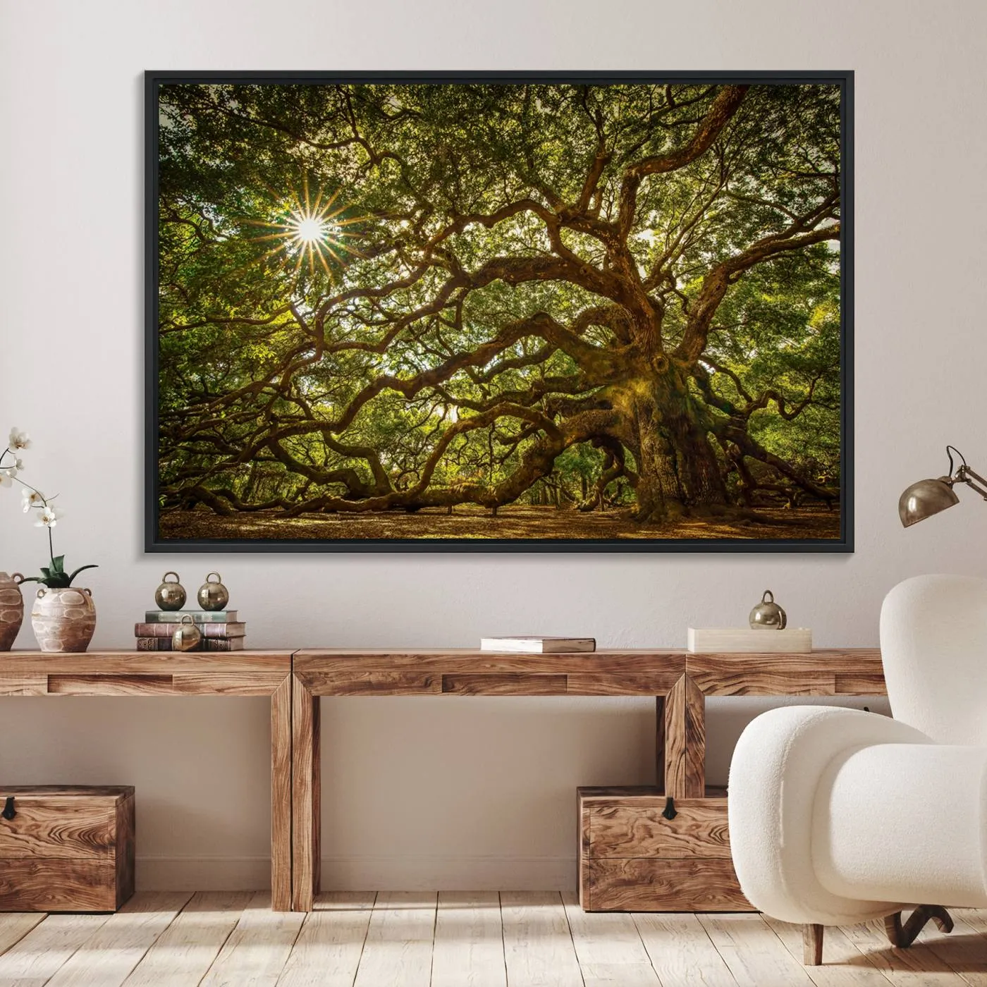 Ancient Angel Oak Tree Art Sunburst Canvas Print- Nature-Inspired Triptych Canvas Print, Framed, Ready to Hang