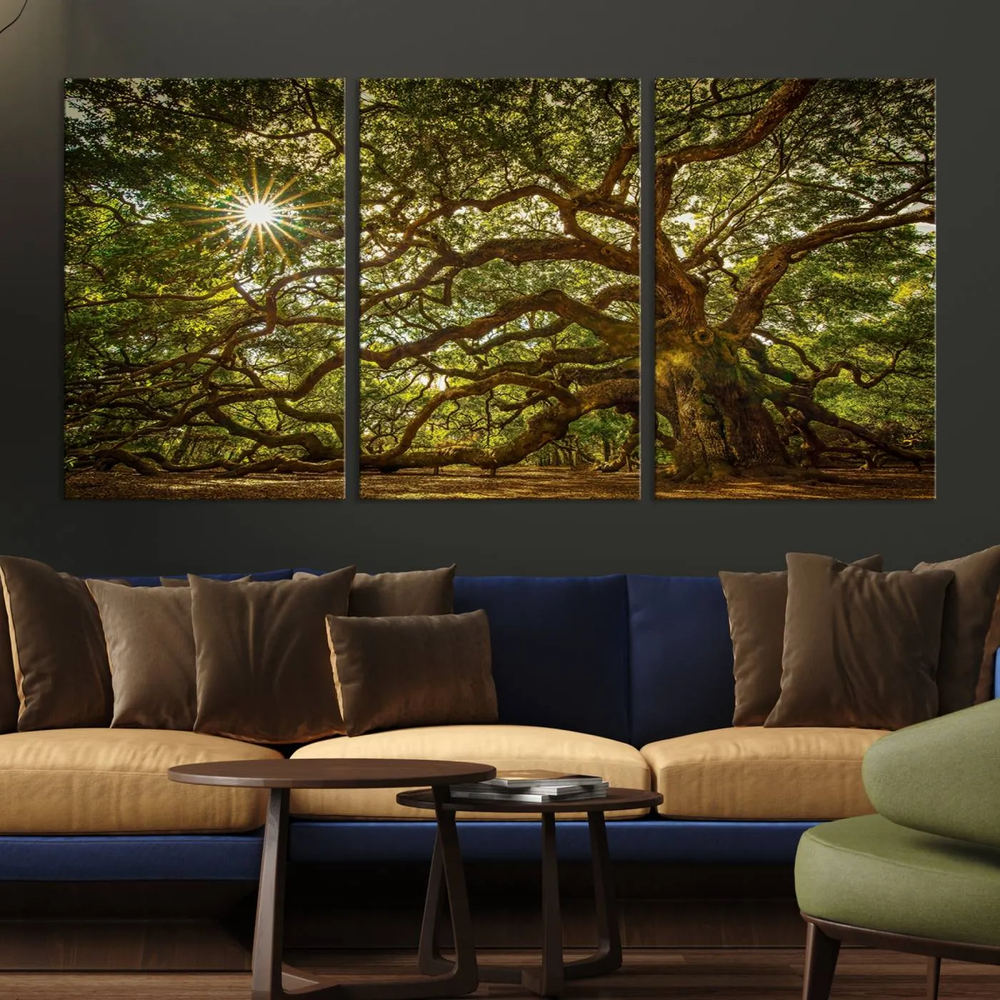 Ancient Angel Oak Tree Art Sunburst Canvas Print- Nature-Inspired Triptych Canvas Print, Framed, Ready to Hang