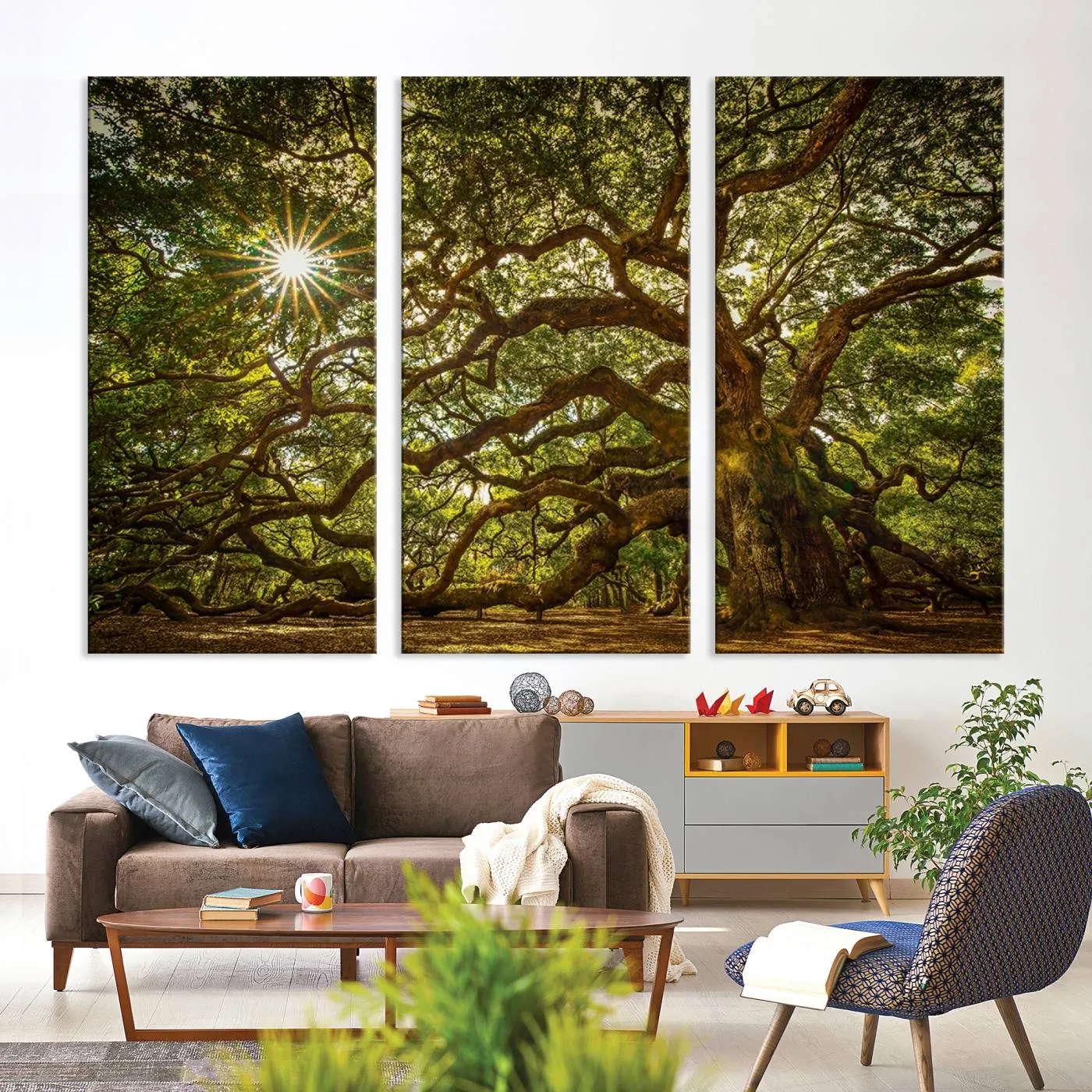 Ancient Angel Oak Tree Art Sunburst Canvas Print- Nature-Inspired Triptych Canvas Print, Framed, Ready to Hang