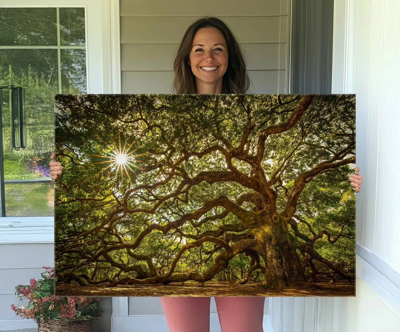 Ancient Angel Oak Tree Art Sunburst Canvas Print- Nature-Inspired Triptych Canvas Print, Framed, Ready to Hang
