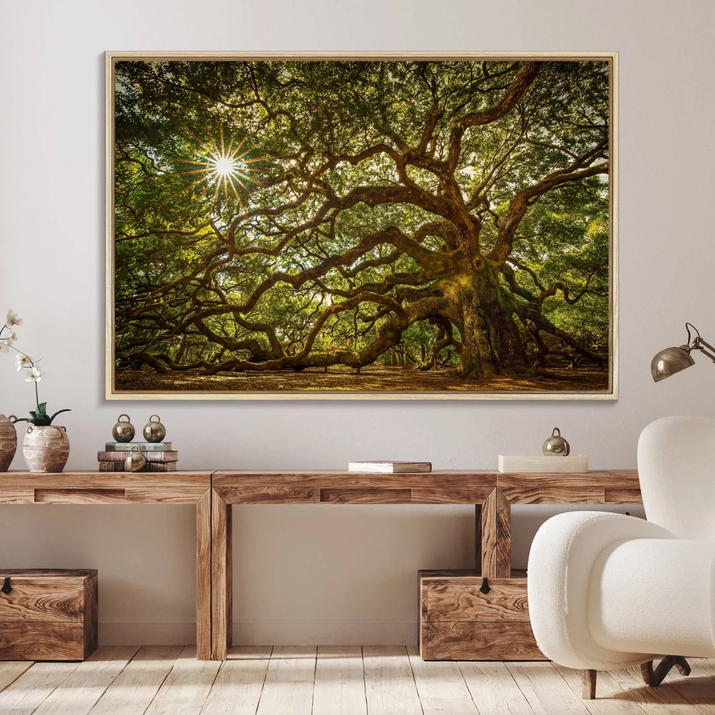 Ancient Angel Oak Tree Art Sunburst Canvas Print- Nature-Inspired Triptych Canvas Print, Framed, Ready to Hang