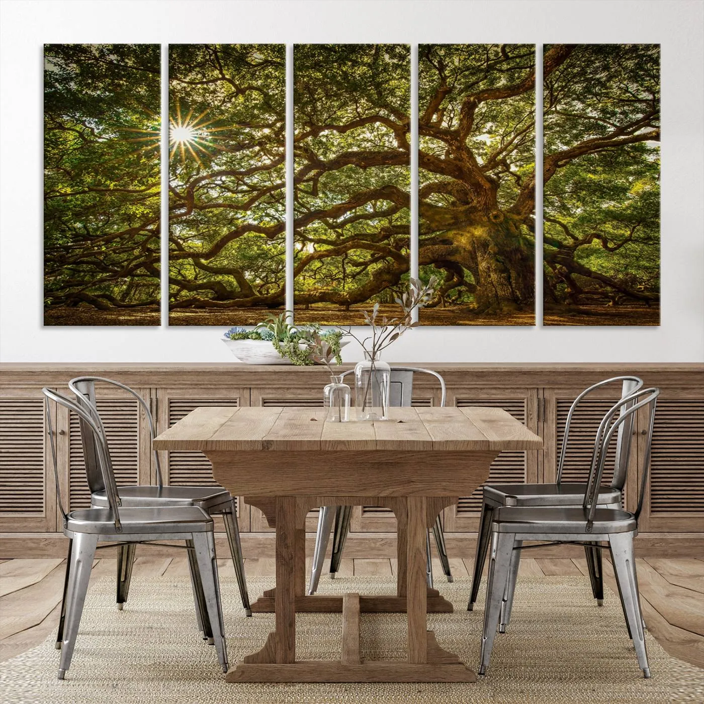 Ancient Angel Oak Tree Art Sunburst Canvas Print- Nature-Inspired Triptych Canvas Print, Framed, Ready to Hang
