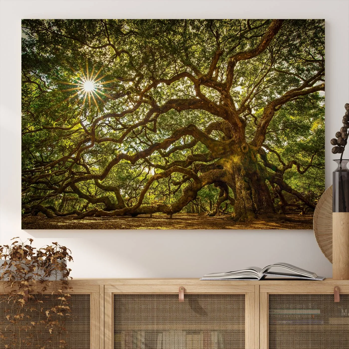 Ancient Angel Oak Tree Art Sunburst Canvas Print- Nature-Inspired Triptych Canvas Print, Framed, Ready to Hang