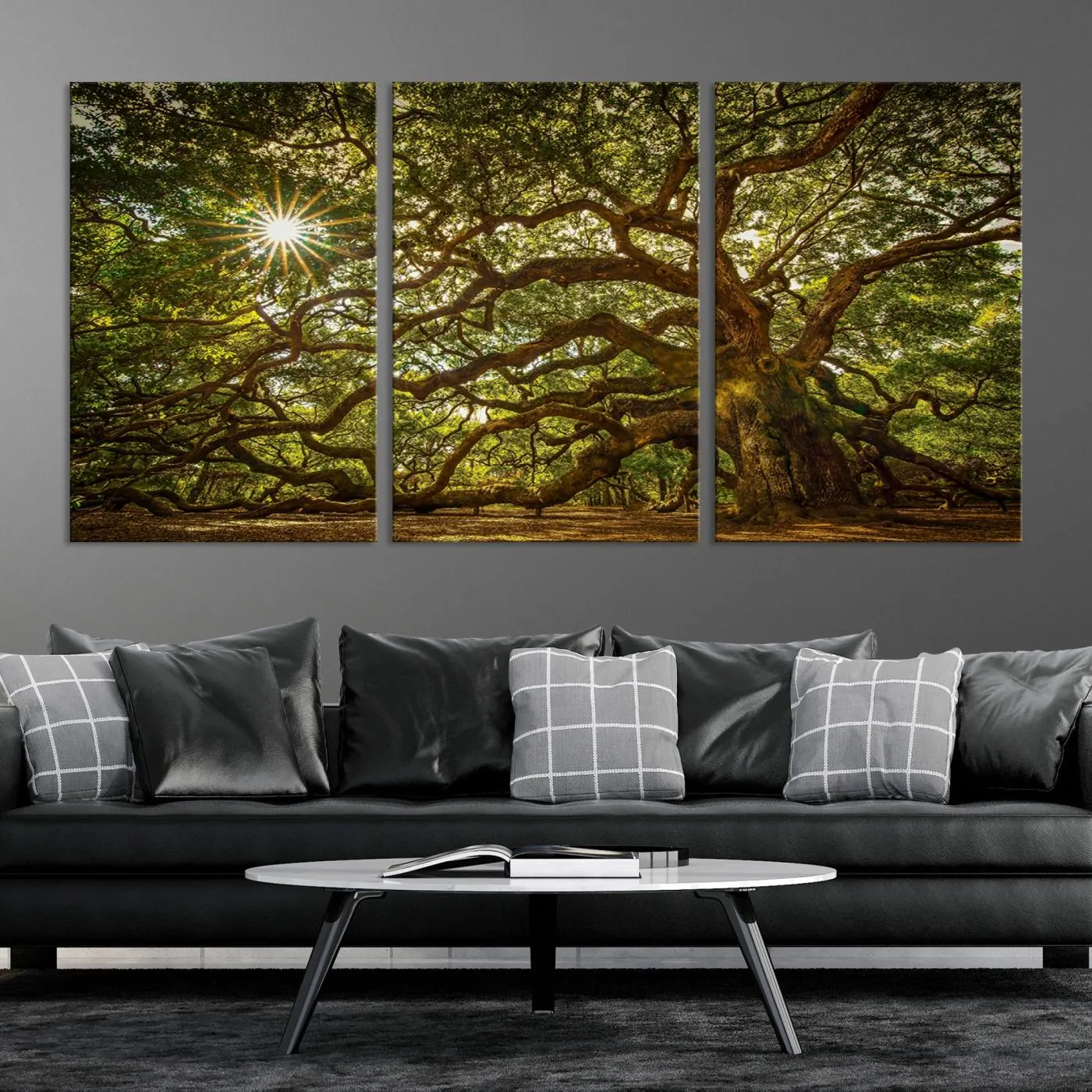 Ancient Angel Oak Tree Art Sunburst Canvas Print- Nature-Inspired Triptych Canvas Print, Framed, Ready to Hang