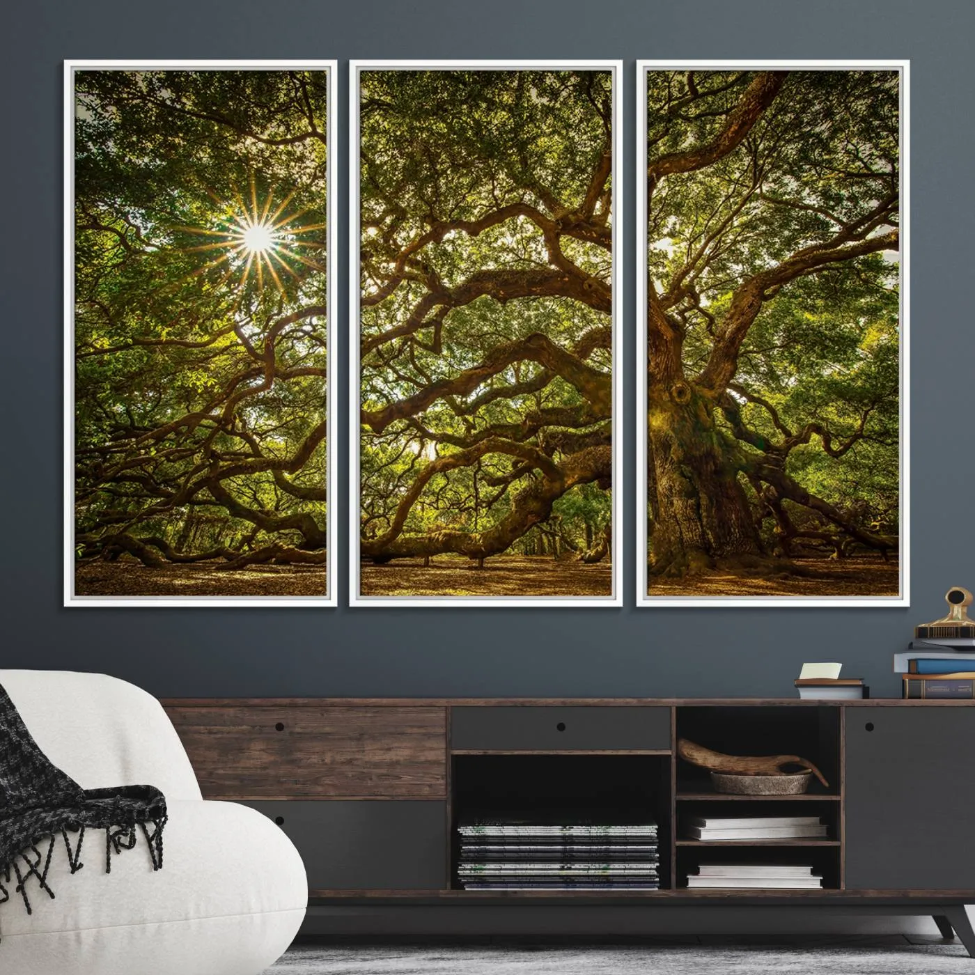 Ancient Angel Oak Tree Art Sunburst Canvas Print- Nature-Inspired Triptych Canvas Print, Framed, Ready to Hang