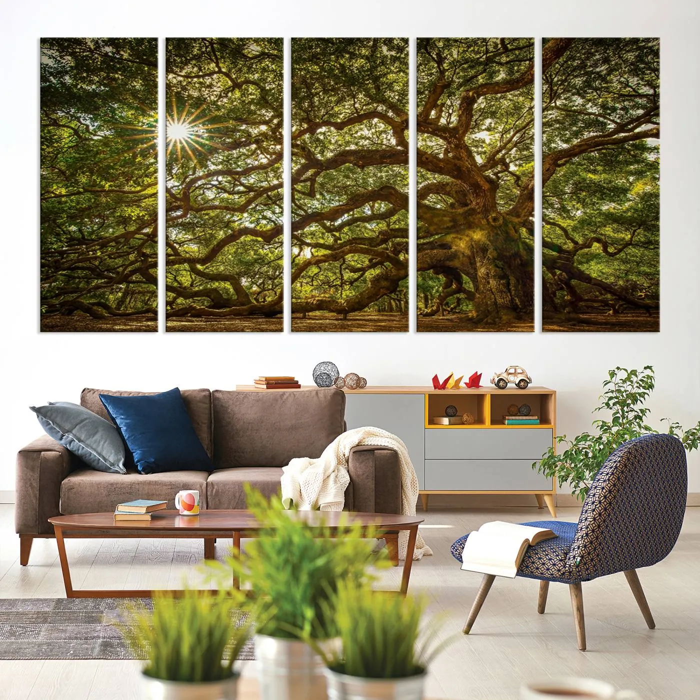 Ancient Angel Oak Tree Art Sunburst Canvas Print- Nature-Inspired Triptych Canvas Print, Framed, Ready to Hang