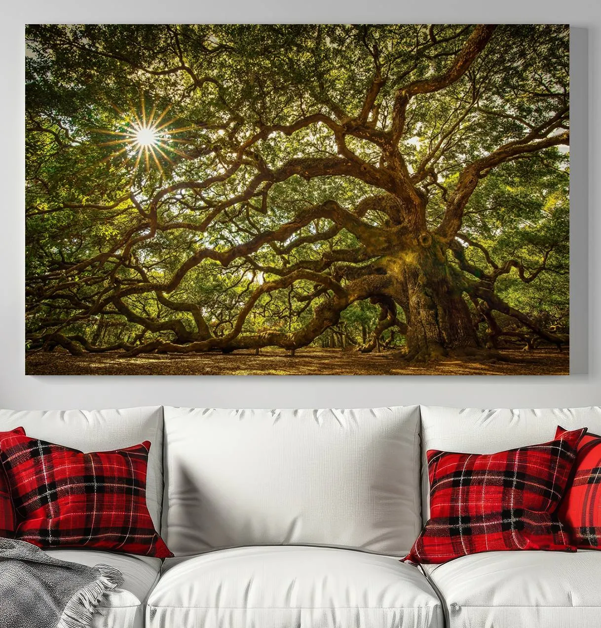 Ancient Angel Oak Tree Art Sunburst Canvas Print- Nature-Inspired Triptych Canvas Print, Framed, Ready to Hang