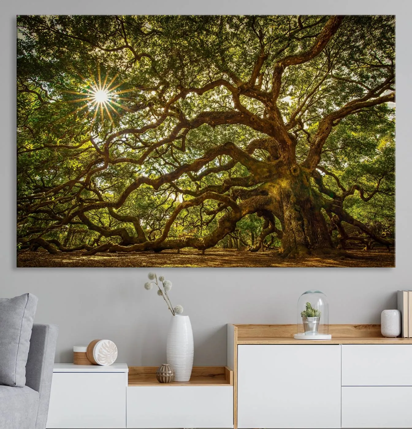 Ancient Angel Oak Tree Art Sunburst Canvas Print- Nature-Inspired Triptych Canvas Print, Framed, Ready to Hang