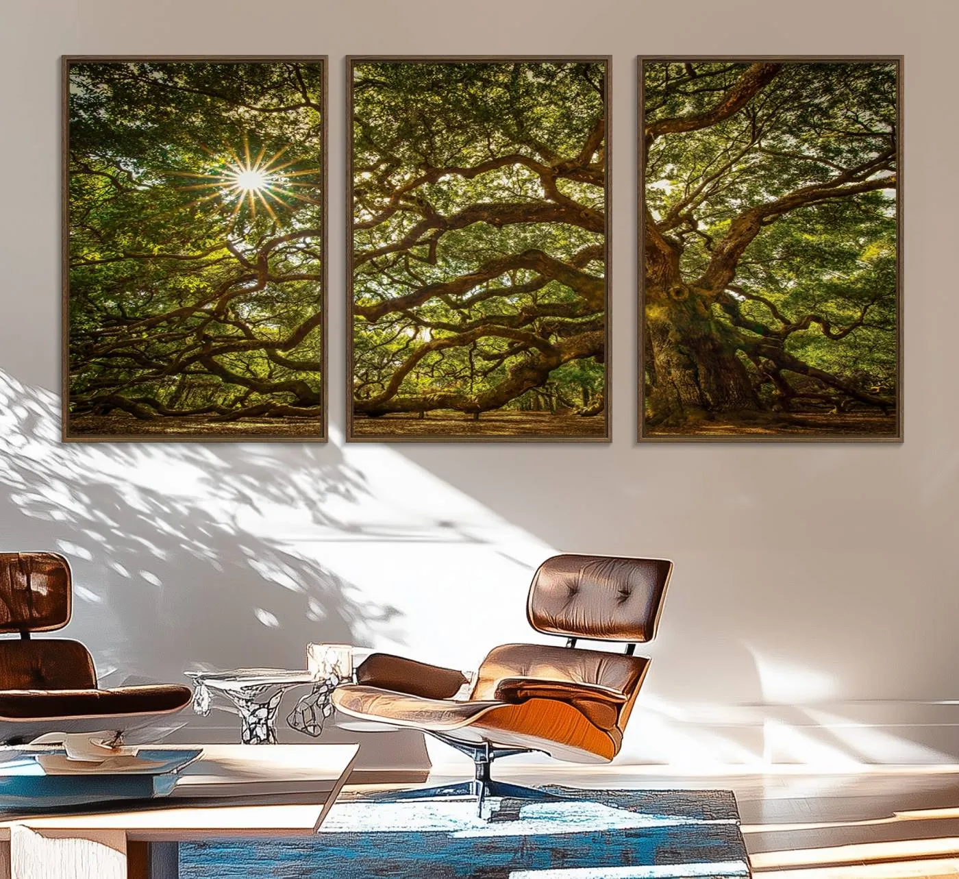 Ancient Angel Oak Tree Art Sunburst Canvas Print- Nature-Inspired Triptych Canvas Print, Framed, Ready to Hang