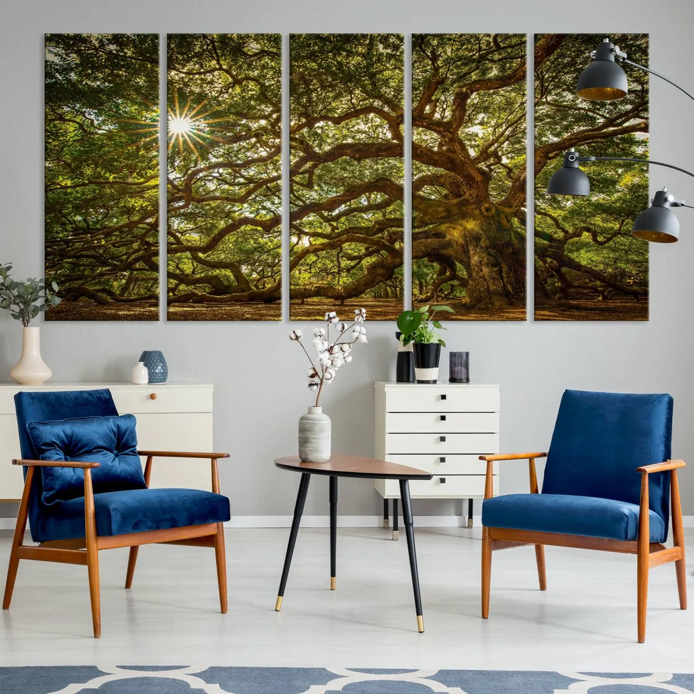 Ancient Angel Oak Tree Art Sunburst Canvas Print- Nature-Inspired Triptych Canvas Print, Framed, Ready to Hang