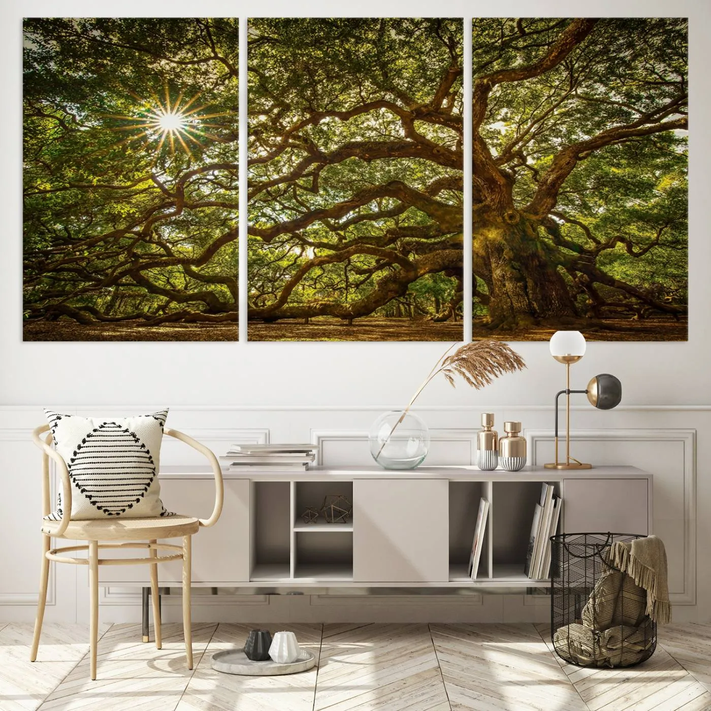 Ancient Angel Oak Tree Art Sunburst Canvas Print- Nature-Inspired Triptych Canvas Print, Framed, Ready to Hang