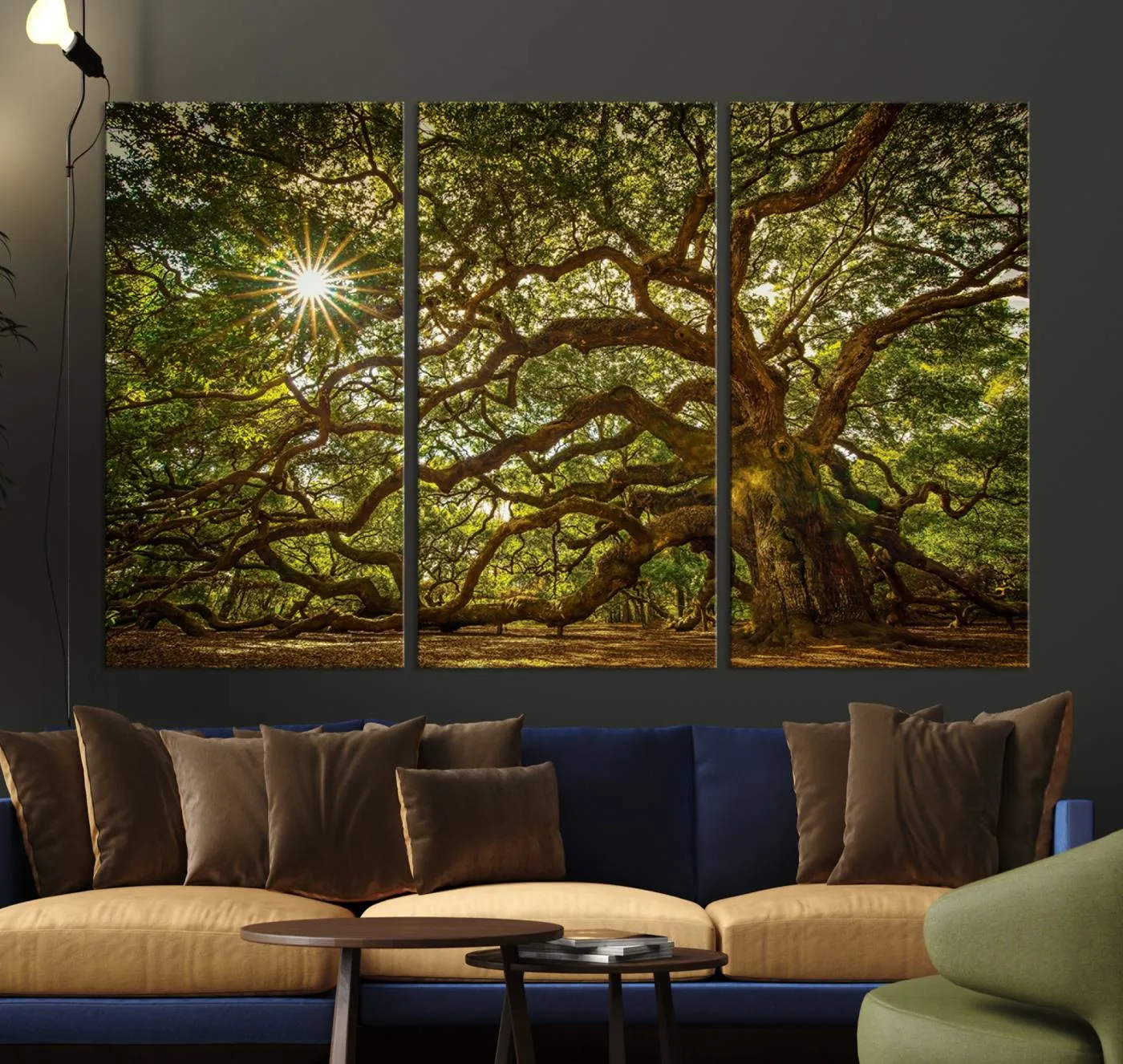 Ancient Angel Oak Tree Art Sunburst Canvas Print- Nature-Inspired Triptych Canvas Print, Framed, Ready to Hang