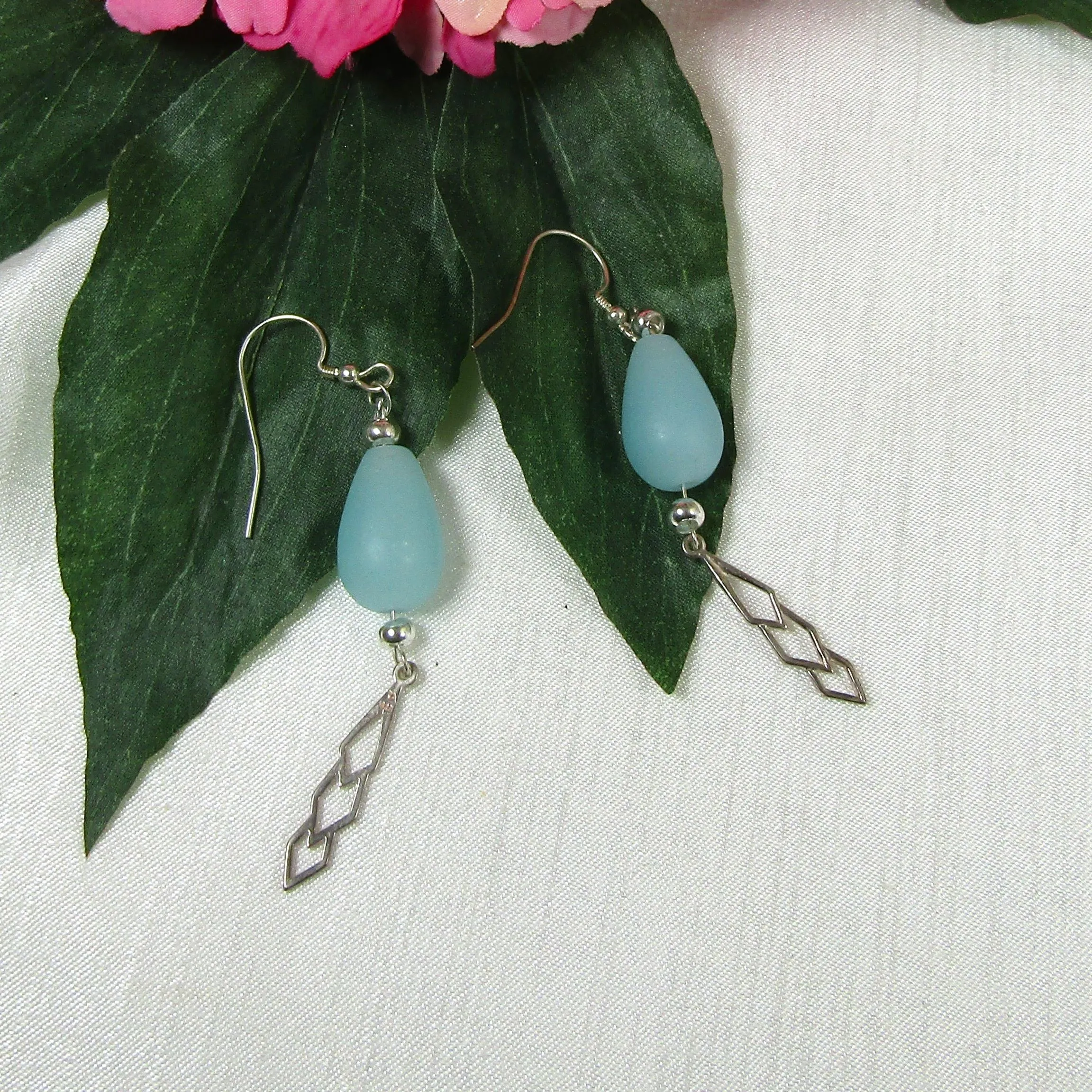 Aqua Sea Glass Dangling Drop Earrings