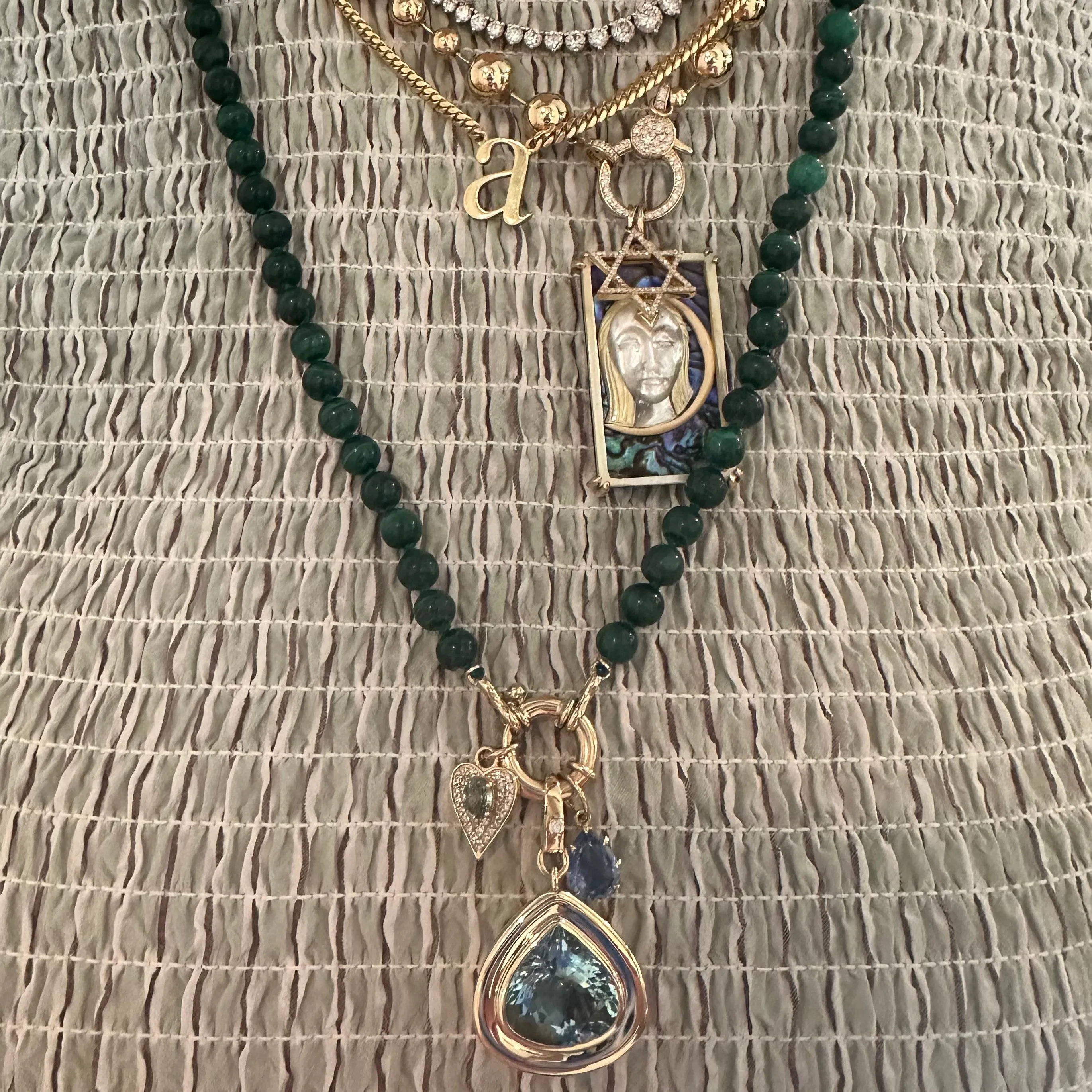 Beaded Malachite Necklace on Green Silk
