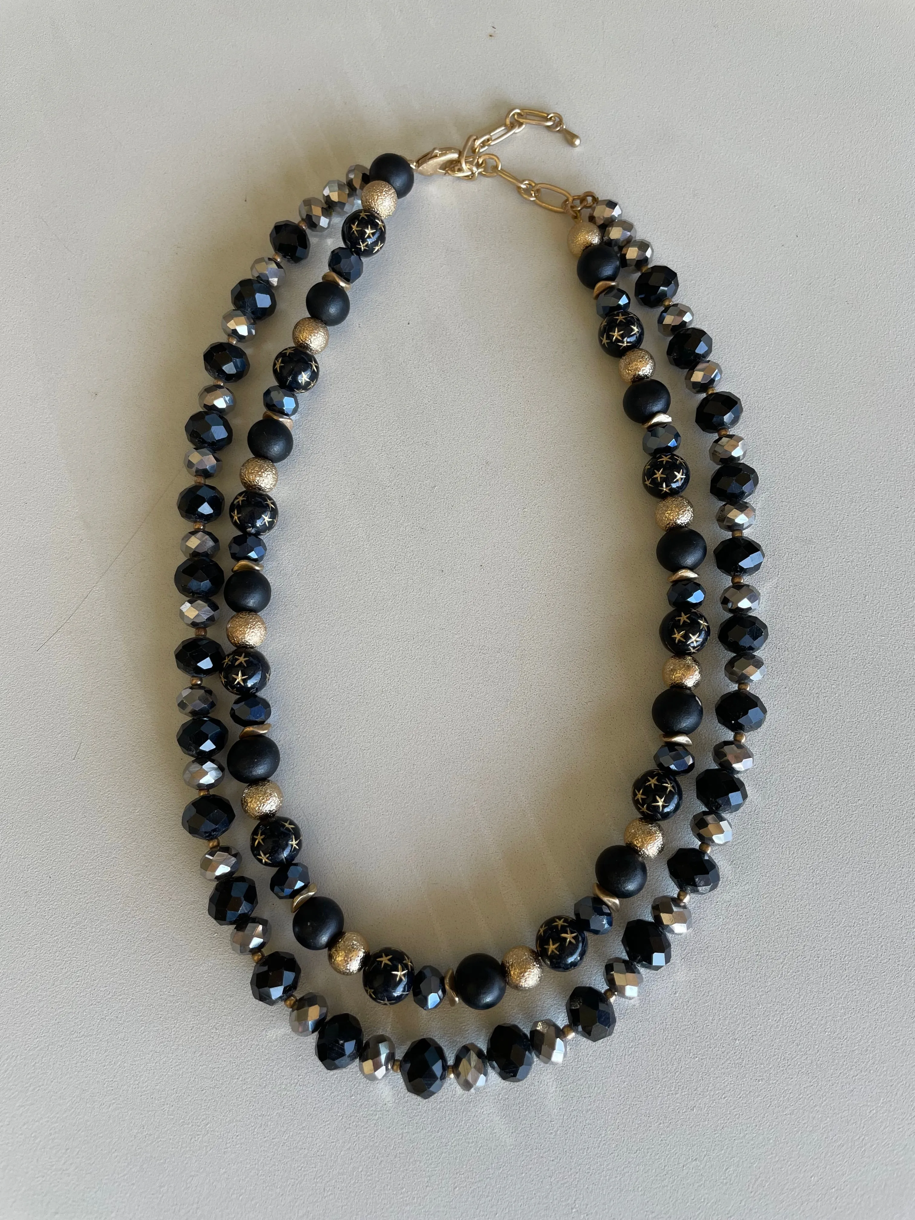Black & Gold Layered Bead Necklace w/Painted Stars