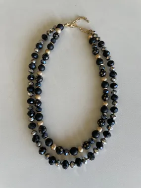 Black & Gold Layered Bead Necklace w/Painted Stars