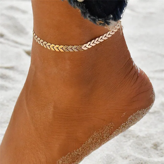 Bohemia Beach Barefoot Sandals Anklet Chain Gold Leaf pendant