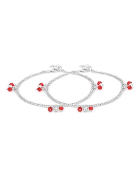 Carlton London -Set Of 2 Rhodium-Plated Silver Toned Red & Silver Link Beaded Layered Anklets For Women