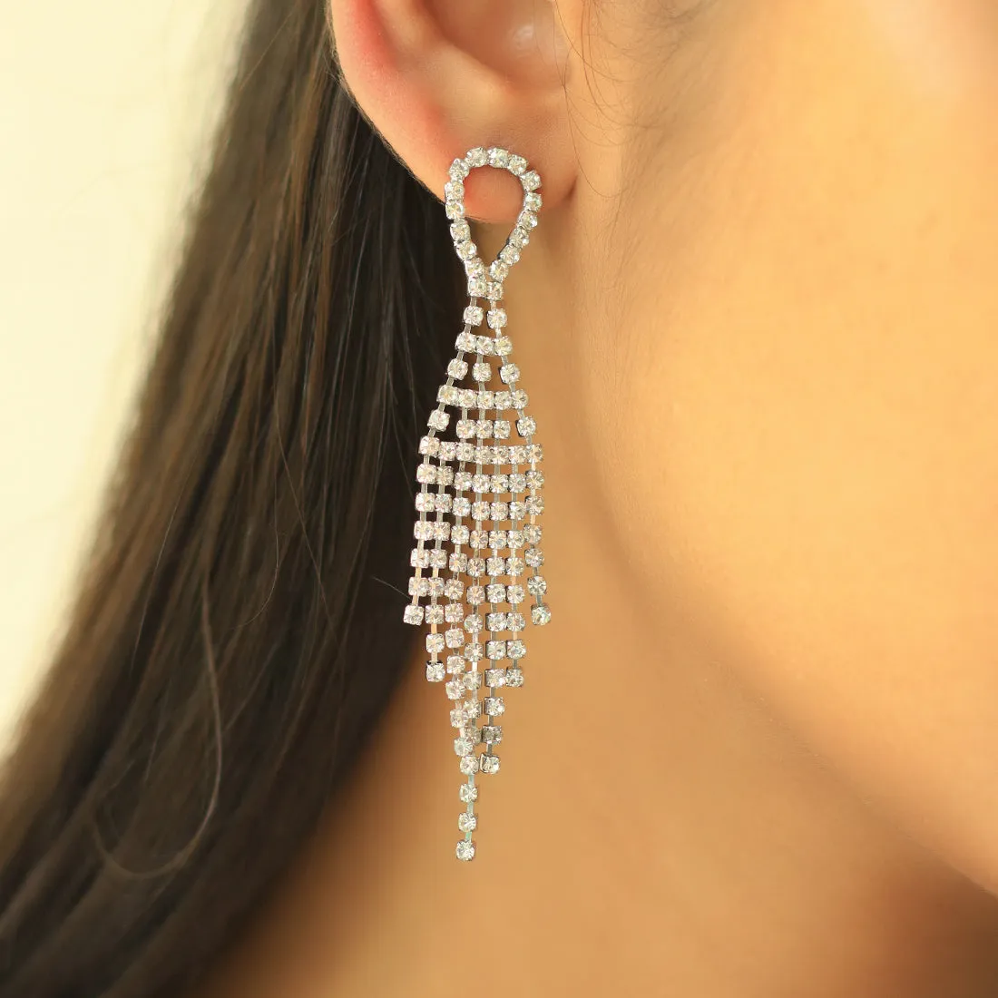 Contemporary White Diamante Crystal Studded Silver -Toned Oval Studded Tassel Drop Earrings