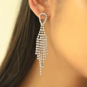 Contemporary White Diamante Crystal Studded Silver -Toned Oval Studded Tassel Drop Earrings